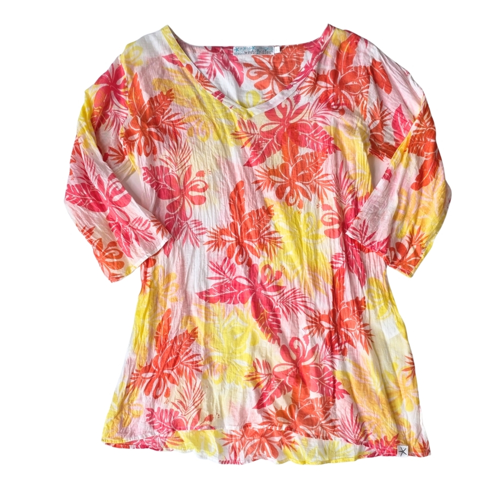 West Indies Pina Colada Cotton Beach Tunic Top Cover-Up Orange/Yellow Size Large - Picture 3 of 7